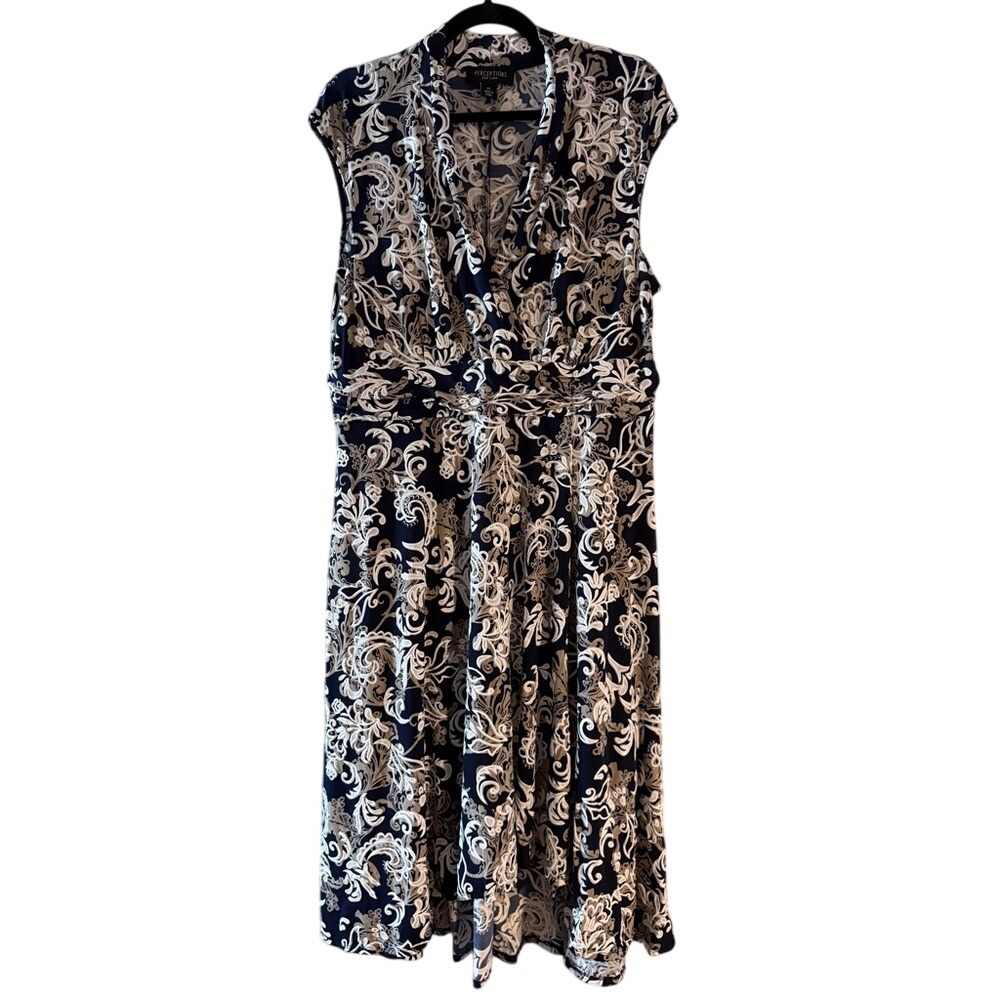 PERCEPTIONS NEW YORK Womens‎ XL Navy White Paisley Sleeveless V Neck Midi Dress